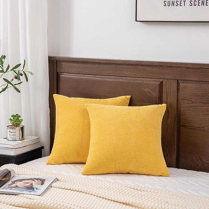 Decorative Square Throw Pillow Covers 20x20 Inch set of 2, Super Soft Chenille Farmhouse Pillowcase for Living Room Bedroom Sofa Couch Cushion Cover Gold Yellow 50x50cm/20x20 Inch