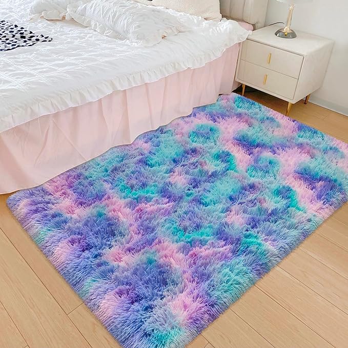 Small Area Rug for Bedroom 3x5ft Mini Tie-Dye Purple Rainbow Fluffy Rug Mat Bedside Throw Rug for Kids Room Boys Teens Nursery Baby Dorm Living Room Home Decor for Modern