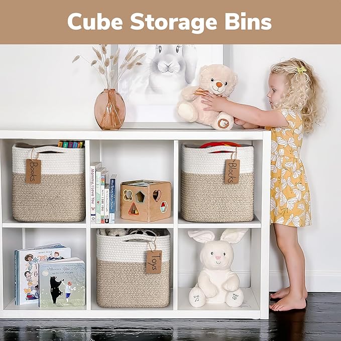 INDRESSME 11x11 Cube Storage Bins, 3-Pack Rope Woven Baskets for Organizing Storage Baskets for Shelves Gift Organization Empty Square Toy Bins for Classroom, Nursery Closet, White & Brown