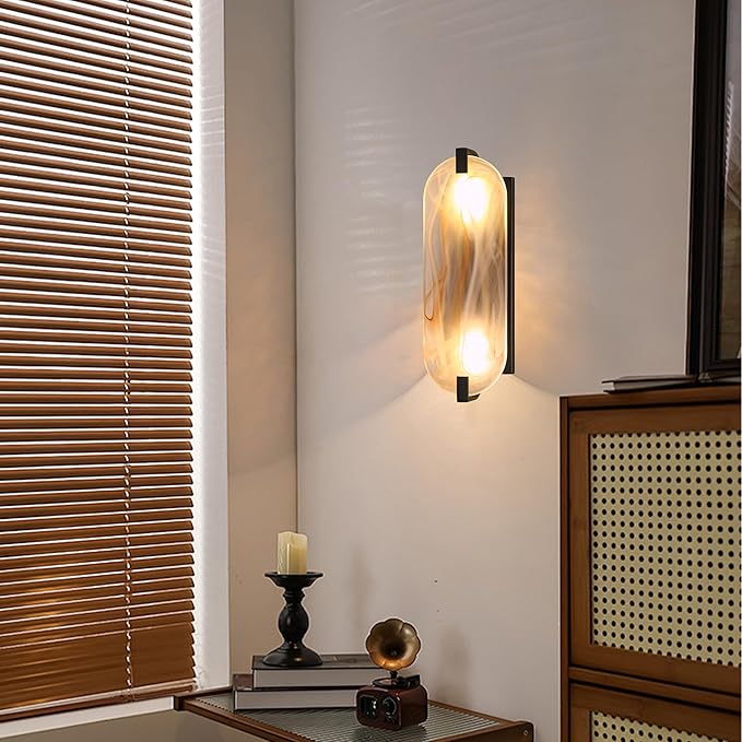 2 Pack 2 Light Oval Red Frosted Glass Bathroom Wall Sconce Modern Concise Style Wall Light Fixture,Black Finish for Bedroom Hallway Bedside