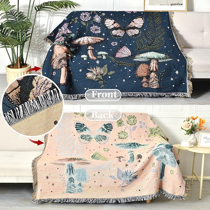 Boho Throw Blanket Reversible Cotton Bohemian Tapestry Hippie Room Decor Double Sided (Mushroom 50"x60")