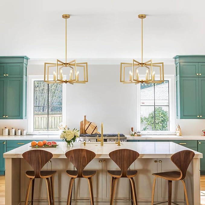 8-Light Modern Farmhouse Gold Geometric Chandelier, Large Industrial Metal Kitchen Light Fixtures, Rustic Cage Hanging Lights for Dining Room Entryway Foyer Living Room Stairway