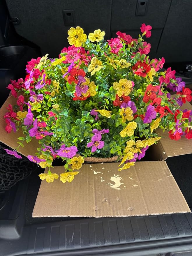 Artificial Faux Hanging Plants Flowers Basket for Summer Autumn, Colorful Daisy Flowers Eucalyptus UV Resistant Look Real for Outdoor Outside Porch Decoration