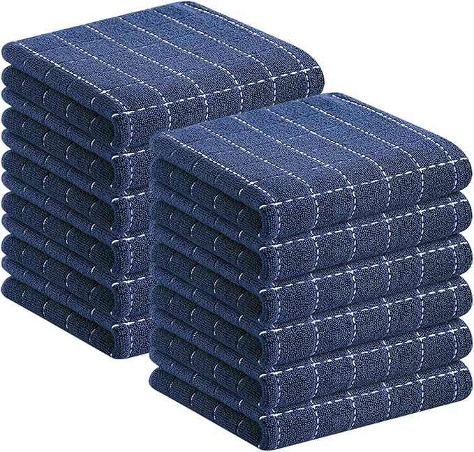 Homaxy 100% Cotton Terry Kitchen Towels(Navy Blue, 13 x 28 inches), Checkered Designed, Soft and Super Absorbent Dish Towels, 12 Pack