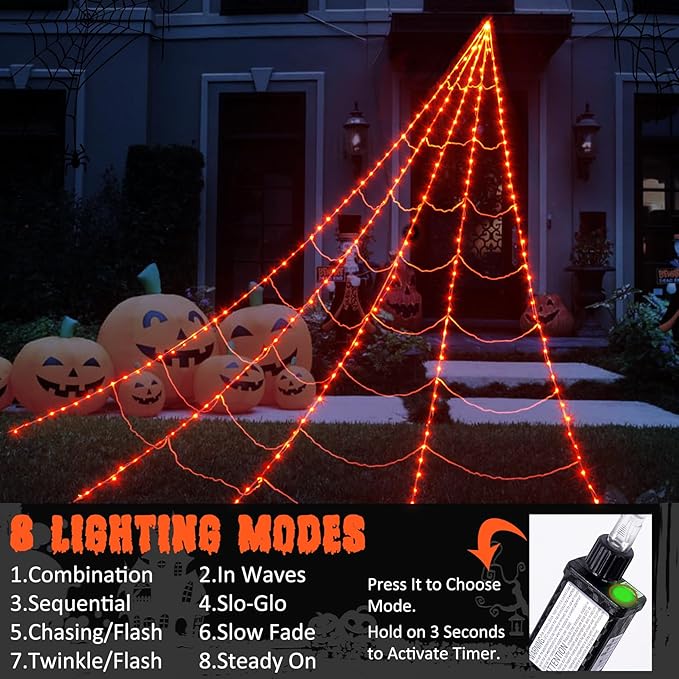 inst Spider Webs Halloween Decorations Outdoor 290LED Halloween Spider Web Lights Decoration with 78.7'' Large Spider & 3.53oz Stretch Cobweb 23Ft Giant Lighted Web with 8 Modes (Orange)