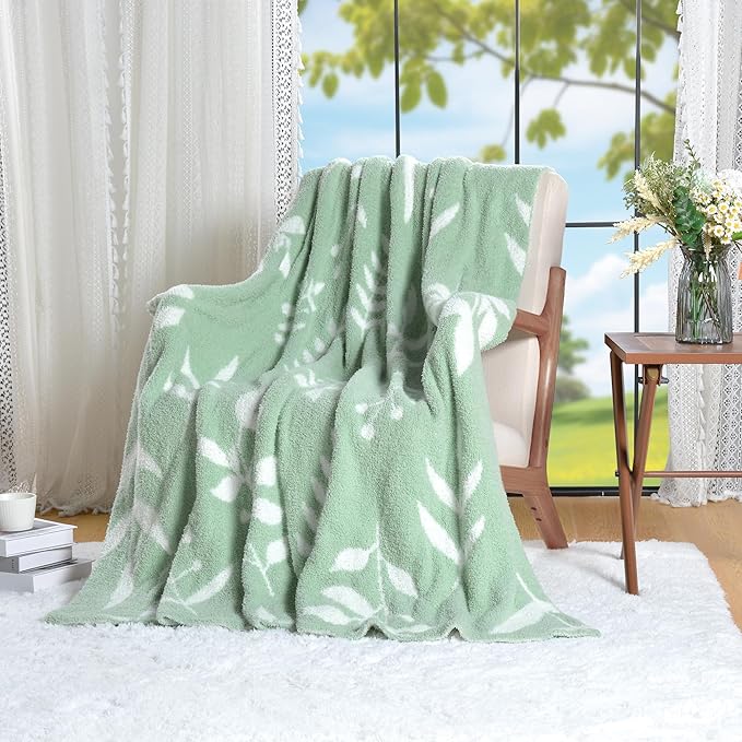 Leaf Pattern Throw Blanket Soft Cozy Spring Blanket for Bed, Couch, Sofa Lightweight Breathable Stylish Seasonal Home Decor Blanket Sage Green 60x80 Inches