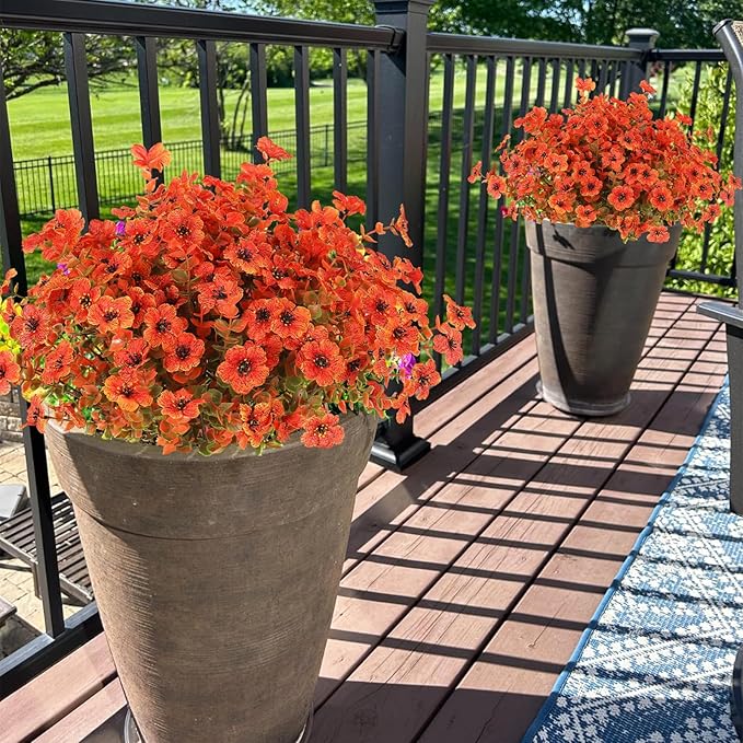 12 Bundles Artificial Mums Fall Flowers for Outdoors Fake Plants - Faux Outside Greenery Boxwood No Fade Plastic Shrubs Decor for Front Door Porch Planter Patio Garden Home Thanksgiving(Salmon)