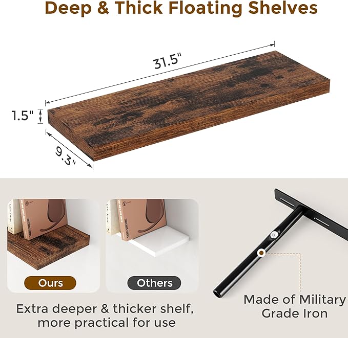 Fun Memories 32 Inch Floating Shelves, Farmhouse Wood Floating Shelf Set of 2, 32 x 9.3 Floating Shelf Wall Mounted, Deep Storage Display Shelves for Kitchen, Bedroom, Living Room, Rustic Brown Color