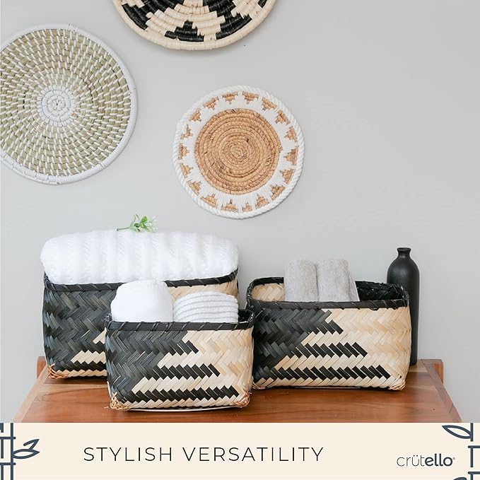 Crutello Woven Bamboo Storage Baskets, Set of 3 Black and Natural Pattern Bamboo Baskets for Storage, Organization Boho Basket, Farmhouse Basket Bins, Black Wicker Basket for Decor Living Room Pantry