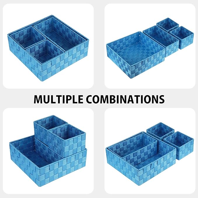 Posprica Woven Storage Baskets for Organizing, Small Black Baskets Cube Bin Container Tote Organizer Divider for Drawer, Closet, Shelf, Dresser, Set of 4(Navy)