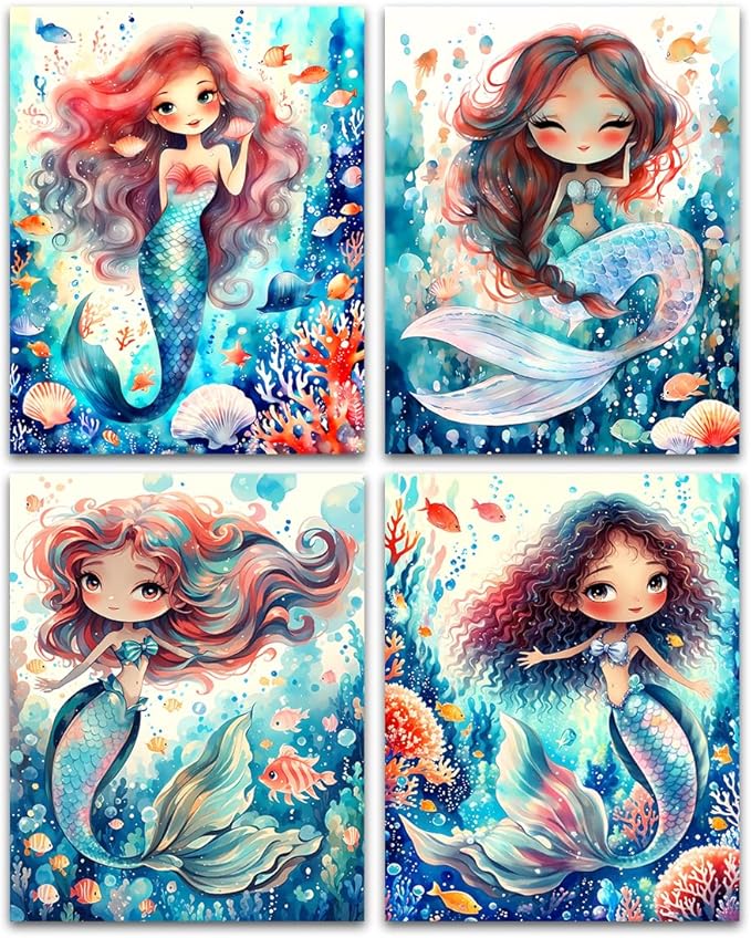 Mermaid Bathroom Decor Wall Art,Mermaid Decor Prints,Sea-Maid Nursery Wall Art Prints Animal Room Decor for Girls Bedroom Kids Bedroom Nursery Set of 4(8"x10"Unframed)
