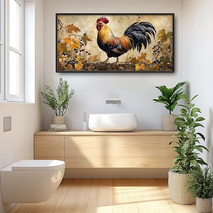 Flintis Large Rooster Framed Wall Art Vintage Chicken Grapevine Pictures Wall Decor Abstract Animal Canvas Painting Print Artworks Decor Framed for Living Room Bathroom Master Bedroom 60L X 30W