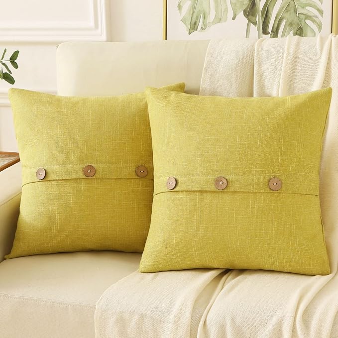 HAUSSY Mustard Yellow Linen Decorative Throw Pillow Covers 20x20 Inch Set of 2,Square Cushion Case with 3 Vintage Buttons,Modern Farmhouse Home Decor for Couch,Bed