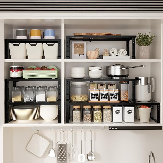 Expandable Spice Rack & Kitchen Cabinet Organizer - Stackable, Adjustable Shelves for Cabinets, Countertops, Cupboards & Pantries(2 Packs/Large/Black)