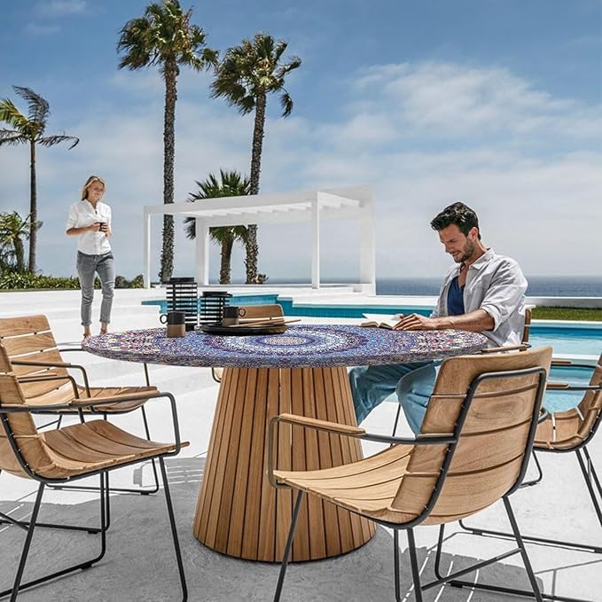 Fitted Round Tablecloth for 45-54" Inch Table Boho Waterproof Vinyl Reusable Summer Fall Tableclothes Campers Inside Outdoors Supplies Kitchen Dining Room Needs White Elephant Gifts