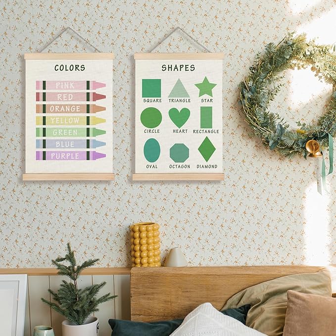 Supwhd Shapes Colors Posters for Classroom Wall, Shapes Colors Learning Poster Hanger Frame Wall Decor for Classroom Nursery Kids Room Playroom Preschool Decor, 12x16 Set of 2（Green）