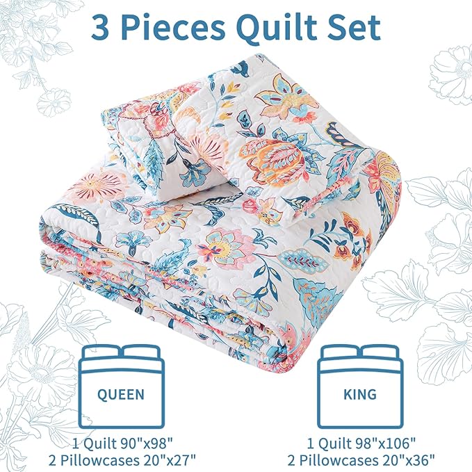 VAPUTAR Garden Queen Size Quilt Bedding Set for Adults - Farmhouse Queen Bedspread (90 x 98 inch) with 2 Pillow Shams - Lightweight Reversible Coverlet Quilt for Bedroom, 3 Pieces