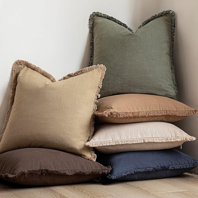 Foindtower Set of 2 Decorative Linen Fringe Throw Pillow Covers Boho Farmhouse Cushion Cover with Tassels Soft Accent Pillowcase for Couch Sofa Bed Living Room Home Decor,24×24 Inch,Reddish Brown