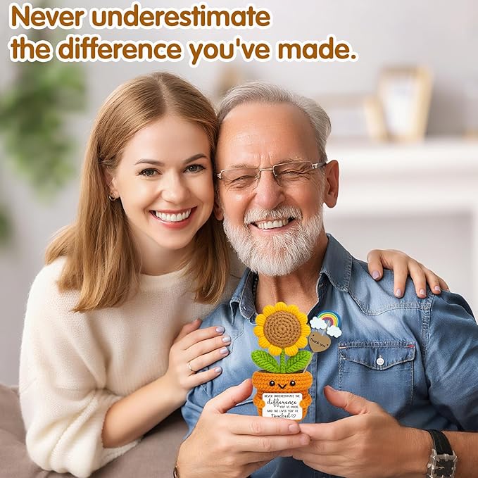 Crochet Sunflower Affirmation Gift “Never Underestimate The Difference You’ve Made” Thank You Gift for Teacher, Mentor, Coworker, Employee, Principal | Retirement & Farewell Appreciation