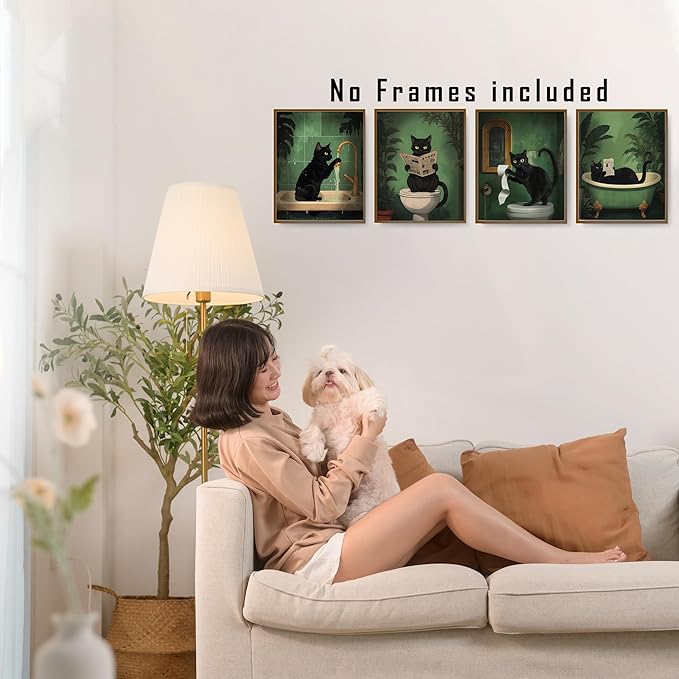 FITIE Funny Black Cat Bathroom Wall Art Prints Set of 4, Funny Black Cat Reading on Toilet Bathtub Wall Art Posters for Bathroom Washroom Restroom Decor, 8x10 Unframed