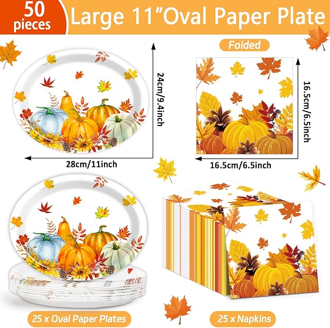 Fall Thanksgiving Party Oval Paper Plates 11inch Large Watercolor Maple Leaves Plates and Napkins, Pumpkin Party Decoration Favor Dish Tray for Autumn Holiday Gathering Supplies Tableware, 25 Guest