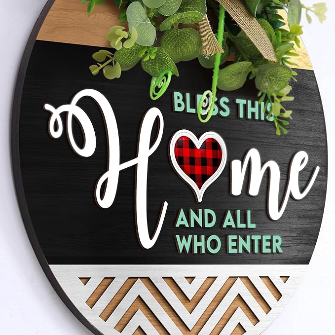 GOSSBY Interchangeable Welcome Sign for Front Door - BLESS THIS HOME - Seasonal Rustic Wood Wreath - Hanging Wall Sign Decoration for Outside, Porch, Farmhouse - New Home, Housewarming Gift