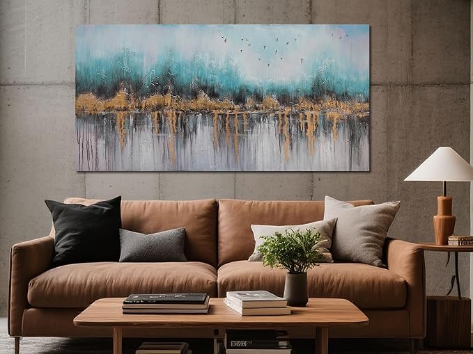Ardemy Teal Abstract Canvas Wall Art for Living Room Landscape Painting Bedroom Turquoise Grey Panoramic Textured Picture Artwork Framed, Wall Art for Men Bathroom Home Office Wall Decor Large 40"x20"