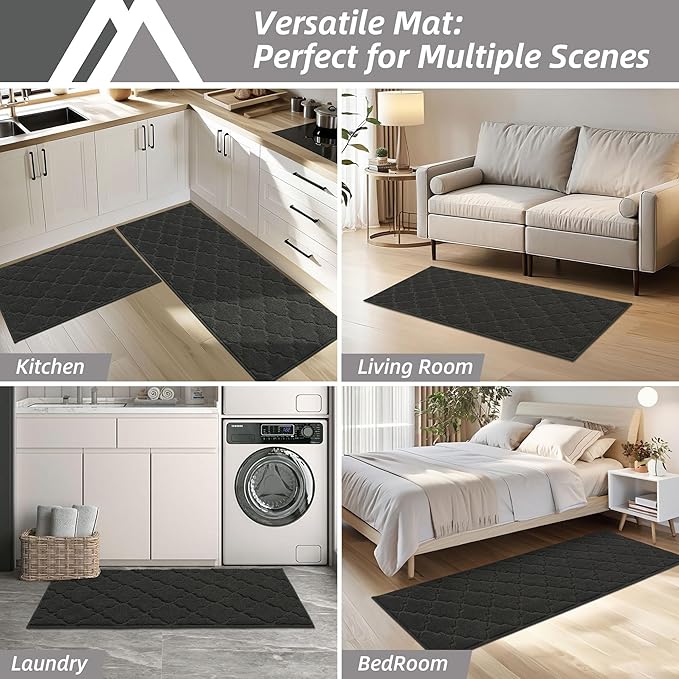 COSY HOMEER Soft Kitchen Rugs [2 PCS] for in Front of Sink Super Absorbent Kitchen Floor Mats and Mats 24x35 Inch/24X60 Non-Skid Kitchen Mat Standing Mat Washable,Polyester,Black