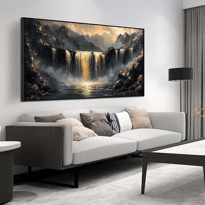 Waterfall Artwork for Wall Living Room - Mountain Pictures Wall Decor for Office - Large Black Framed Wall Art for Bedroom Size 29" x 59"
