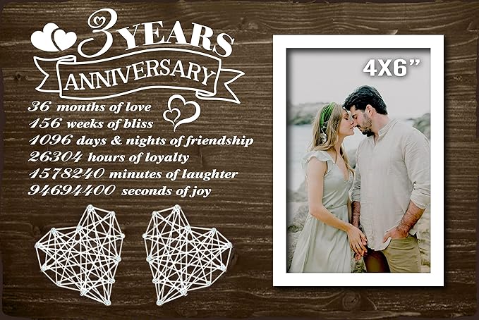 3 Years Anniversary for Her Him - 3rd Year Wedding Marriage Husband and Wife Picture Frame 4x6 Inches - 36 Months Couples Bedroom Decor with Photo