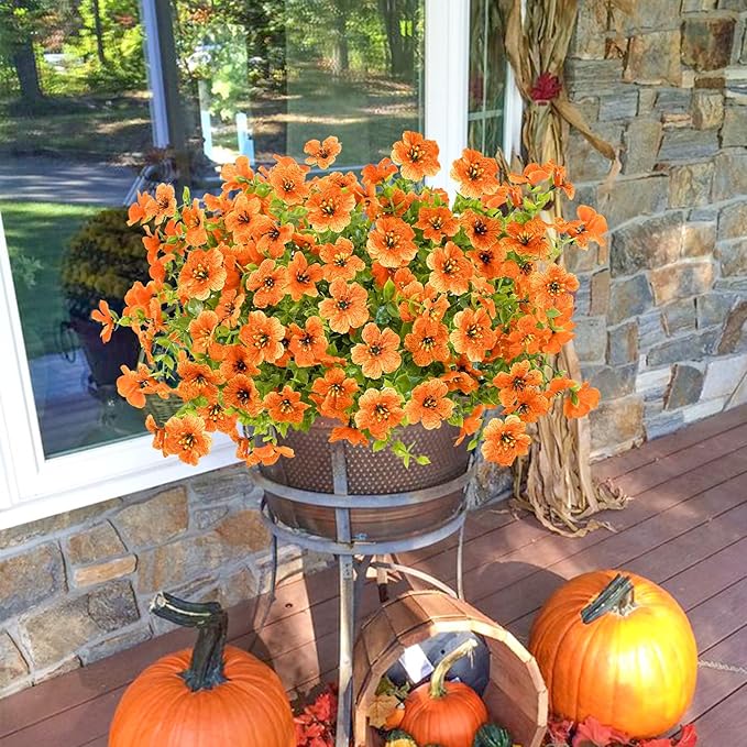 Agusbagli 10 Bundles Artificial Fall Flowers Outdoor UV Resistant Autumn Fake Flowers No Fade Faux Plastic Greenery Shrub Plants for Wedding Garden Window Box Fireplace Thanksgiving Home Decor, Orange