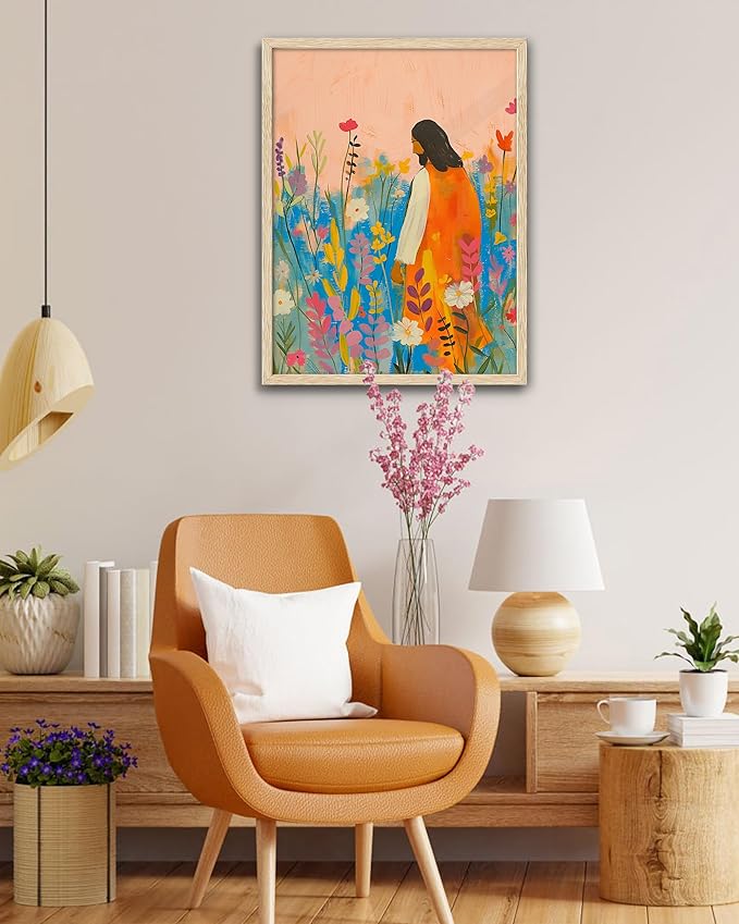 EcoHest Large 16x20in OAK Wood Framed Wall Art, Jesus Portrait with Bible Verse Theme, Christian Canvas, The Wildflowers Style, Modern Wall Decor for Bedroom Living Bathroom Religious Gift 1 Pack