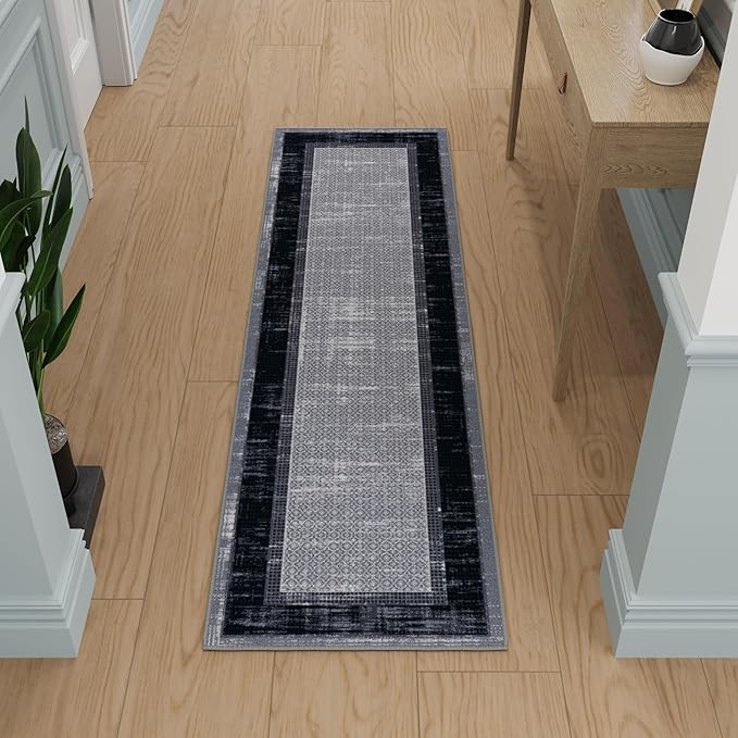 Ottomanson Hallway Runner Rug 1'10" x 7' Non Slip Border Area Rugs Easy to Clean Laundry Rug Runner Durable & Pet Friendly Floor Carpet Runners for Hallways Entryway Living Room Kitchen, Gray/Navy