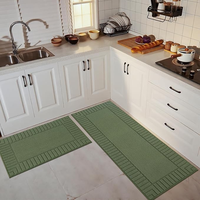 BEQHAUSE-Kitchen-Rugs-Non-Slip-Kitchen-Mats-for-Floor Machine Washable Kitchen Rugs 2 Pieces Kitchen Carpet Runner with TPR Backing,Green,24x35inch/24x60inch