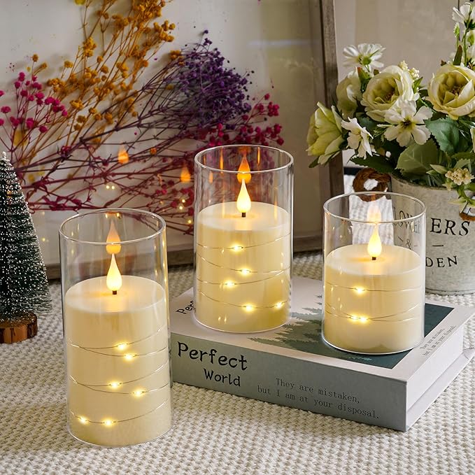 Da by Flickering Flameless Candles with Remote,Acrylic LED Candles with Embedded Star String,Battery Operated Candle, for Home and Holiday Decoration Set of 3（Ivory）