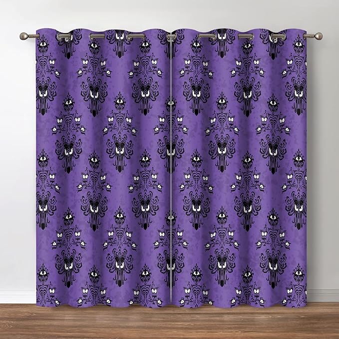 Jekeno Halloween Blackout Curtains Haunted House Mansion Decor Home Bedroom Living Room Darkening Purple Grommet Window Drapes 2 Panel Set, 42"x63"