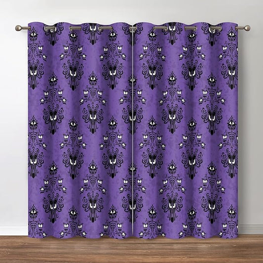 Jekeno Halloween Blackout Curtains Haunted House Mansion Decor Home Bedroom Living Room Darkening Purple Grommet Window Drapes 2 Panel Set, 52"x63"