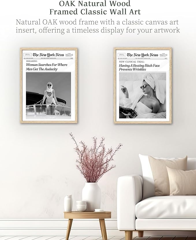 iHery Having A Resting Bitch Face Prevents Wrinkles Newspaper Headline Framed Wall Art, Natural OAK Wood Trendy 12x16 in Vintage Canvas Print For Bedroom, Wall Décor Living Room Bathroom Set of 1