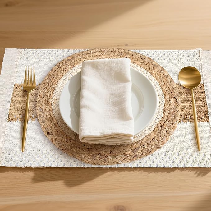 Handmade Boho Placemats Set of 6 - Natural Cotton Burlap and Water Straw Woven Combination Table Mats, Macrame Décor and Farmhouse Style Placemats, for Dining Table Kitchen (Natural, 6PC)