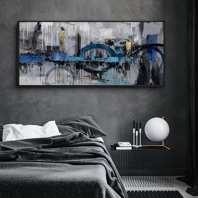 KLAKLA Large Abstract Wall Art Canvas - Blue and Gray Lnk Style Gold City Scenes Wall Decor Living Room Bedroom Decoration Black Frame Picture Artwork for Wall Modern Landscape Wall Decor
