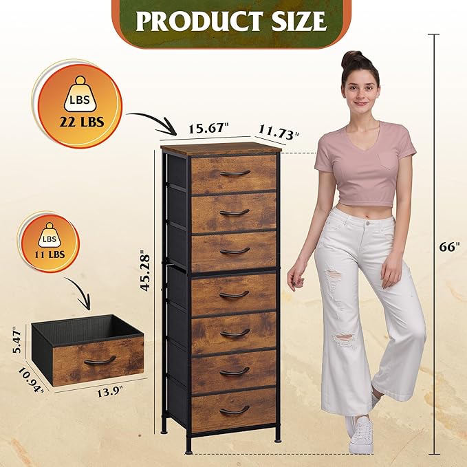 WLIVE Tall Dresser for Bedroom, 7 Drawer Dressers & Chests of Drawers, Fabric Dresser for Closet, Night Stand with Metal Frame, Storage Tower with Fabric Bins, Wood Top, Rustic Brown Wood Grain Print