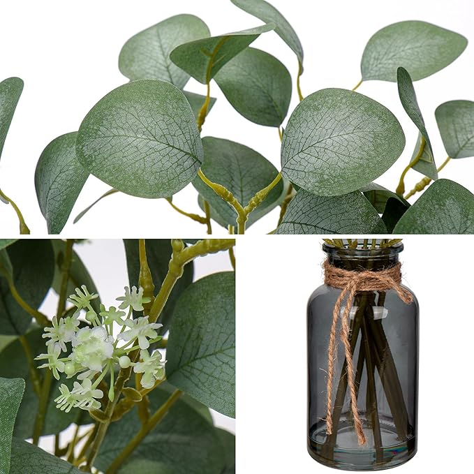 Briful Artificial Eucalyptus Stems in Black Glass Vase with Faux Water, 14" Fake Plant Eucalyptus Leaves for Home Office Farmhouse Wedding Centerpiece Décor, 2 Packs