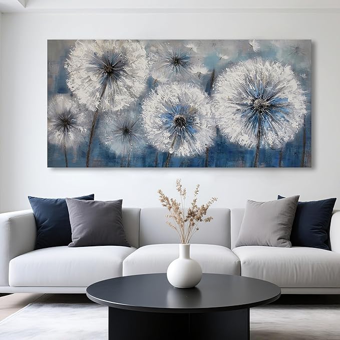 Dandelion Wall Art Blue Large Picture for Living Room Canvas Art Wall Decor Above Bed White Flower Artwork for Walls Wall Paintings Modern Art Aall Decor Framed Wall Art for Bedroom 29×58IN