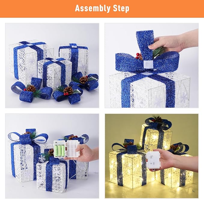 Christmas Decorations, Set of 3 Christmas Lighted Gift Boxes, Battery Operated Xmas Present Boxes, Warm White LED with Bows for Indoor Christmas Tree, Yard, Home Decor （Blue Bow）