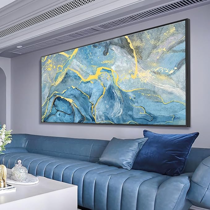 Large Black Framed Wall Art for Living Room Blue Abstract Seascape Canvas Print Modern Ocean Beach Theme Coastal Landscape Fluid Texture Painting Seaside Artwork Office Decor 30x60inch