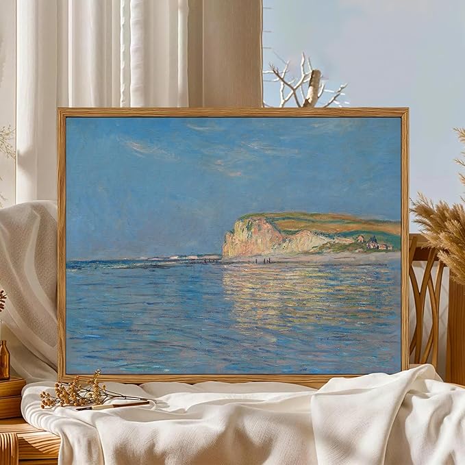Framed Monet Coastal Wall Art Decor – Impressionist Beach Oil Painting Canvas Prints – Vintage Beachy Landscape Classic Aesthetic Wall Decor for Living Room Bedroom Bathroom – 12"x16"