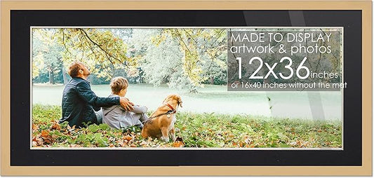 12x36 Frame Natural Wood with Black Mat | 16x40 Frame Matted to 12x36 | Display Your Picture Under UV Acrylic Shatter Guard Front, with Foam Board Backing and Wall Hanging Hardware - Wood Frame
