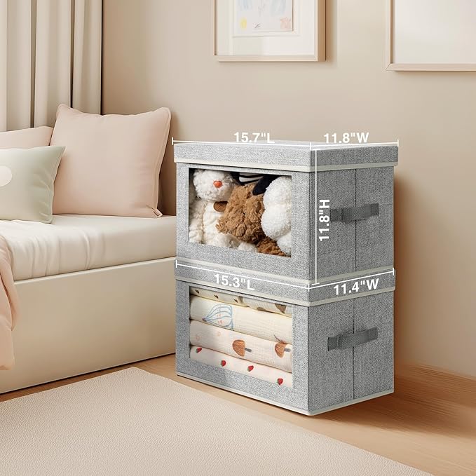 Storage Boxes with Lids - 4 Pack Fabric Clear Window Storage Bins, Large Decorative Storage Bins with Handles, Linen Closet Organizer for Clothes, Towel, Blanket, Light Grey
