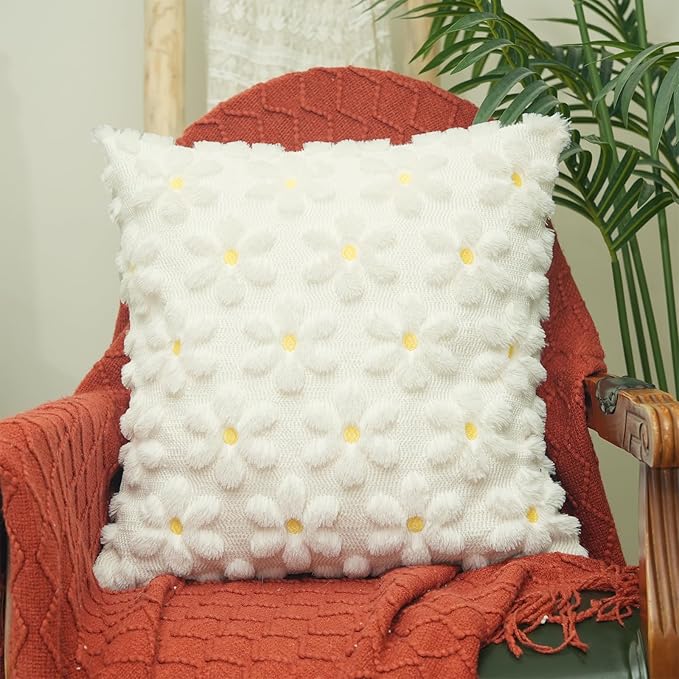 GEEORY Daisy Soft Plush Pillow Covers, 18 x 18 Inch Set of 2, Fluffy Faux Fur Wool Decorative Farmhouse Cushion Case for Sofa Home Decoration Cream GC030-18