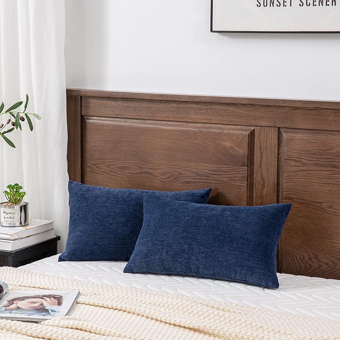GAWAMAY Lumbar Support Pillow Decorative Rectangle Throw Pillow Covers 12"x20" Inch Set of 2, Soft Chenille Pillowcase for Living Room Bedroom Sofa Couch Cushion Cover Navy Blue 30x50cm (ONLY Covers)